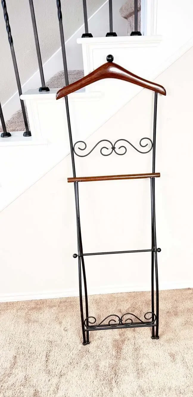 Vintage MCM Folding Butler Valet Stand Wood & Wrought Iron Clothes Rack Hanger